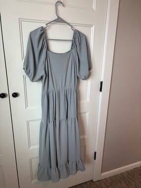 Dusty Blue Puff-Sleeve Tiered Maxi Dress
